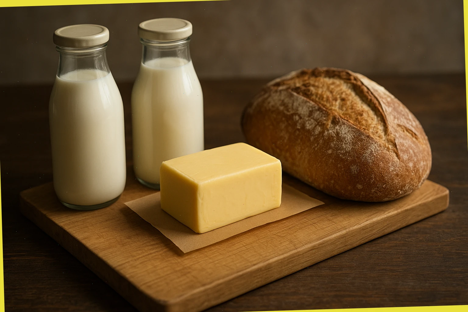 Glass milk bottles with farmhouse butter and a crusty loaf on a board