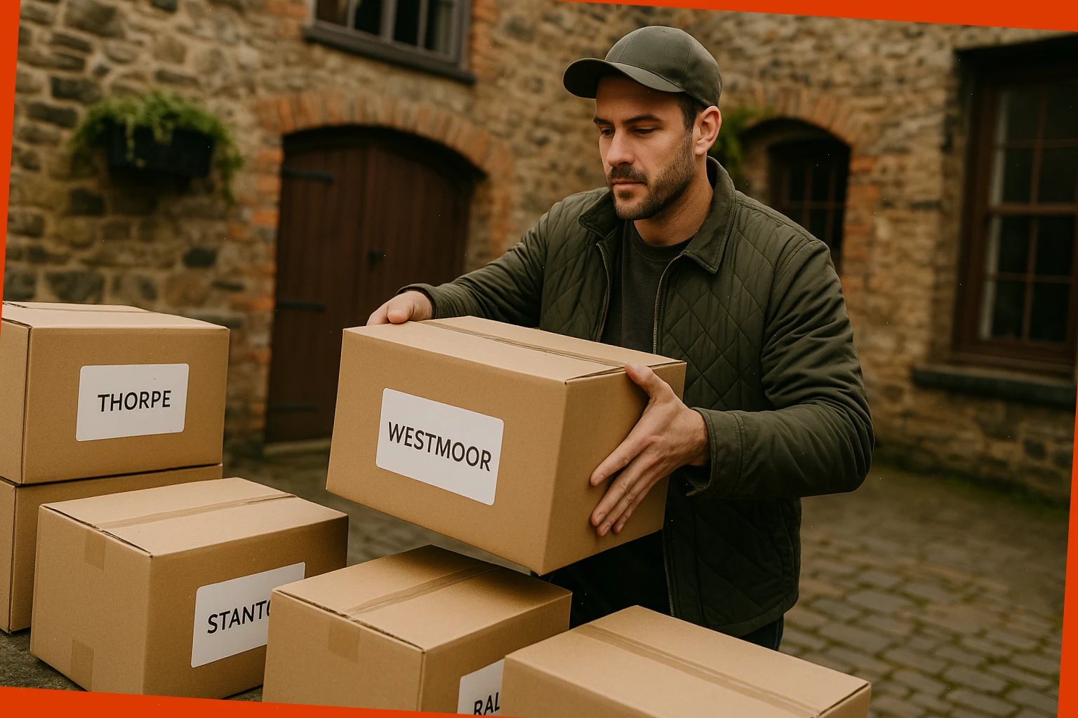 Route lead Jack Reeves loading labelled boxes in the courtyard