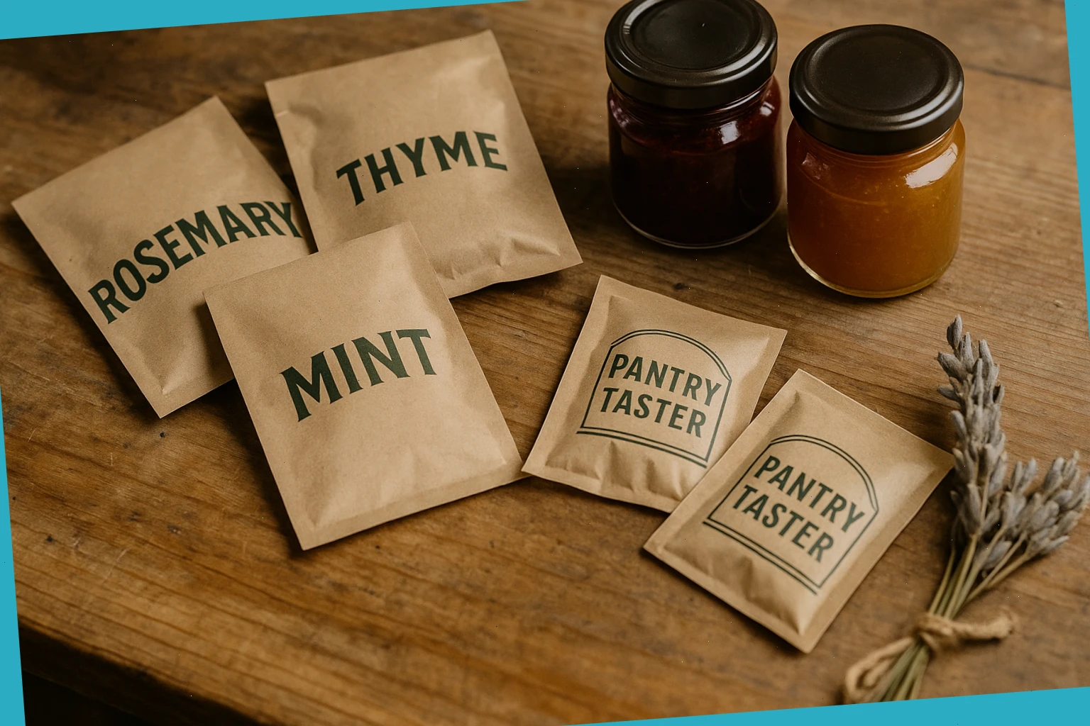 Paper sachets with herbs, preserves and small pantry tasters