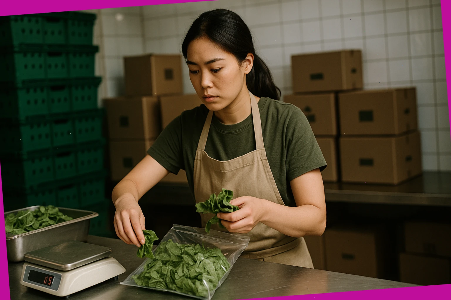 Packer Lin sorting leafy greens on a stainless bench by the scale