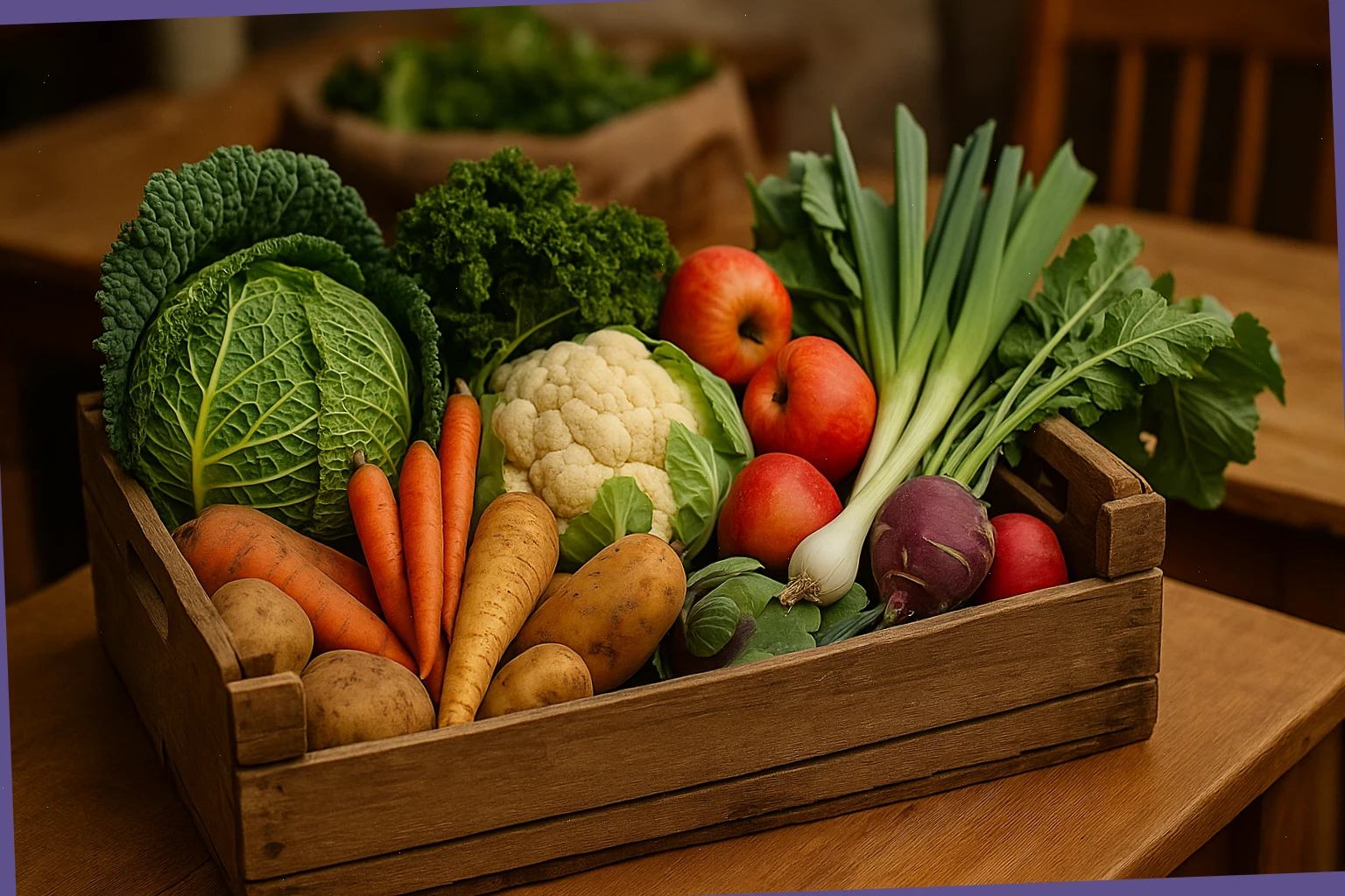 Mixed veg crate with seasonal roots, greens and fruit at the hub table