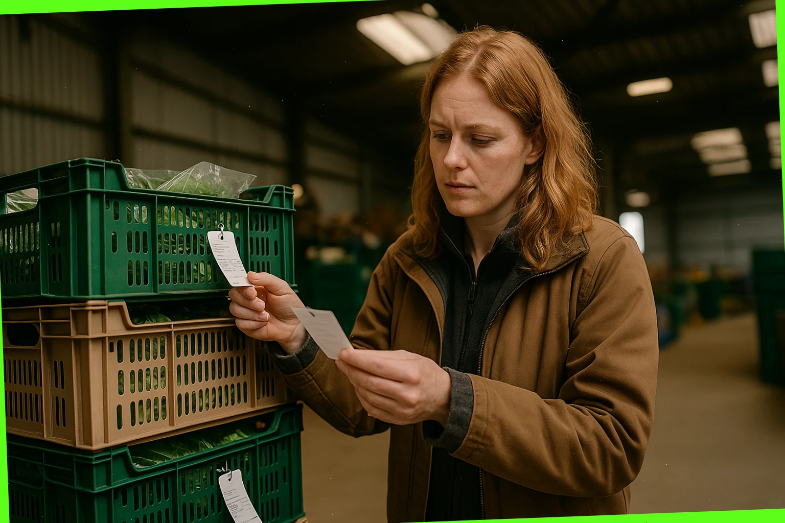 Depot lead Ella Moss reviewing route tags on stacked delivery crates